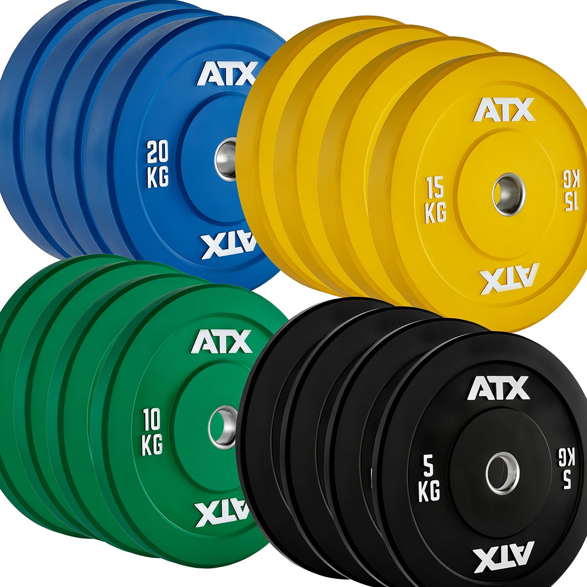 Bumper Plate pakke 200 kg 50 mm helgummi fargekodede forfra