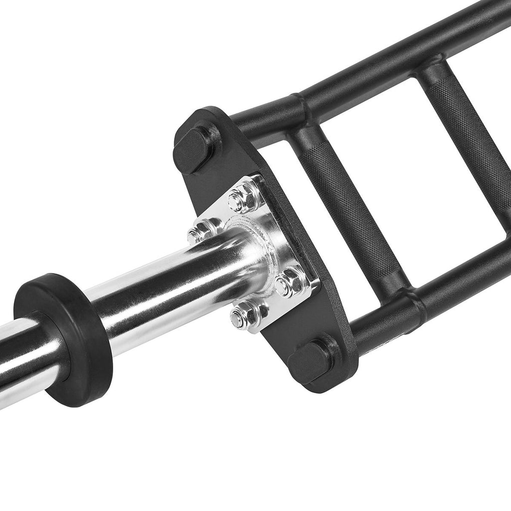 Nærbilde av glansverchromt belegg på Cambered swiss bar 50 mm, 200 cm, 4 grepsbredder, 16 kg