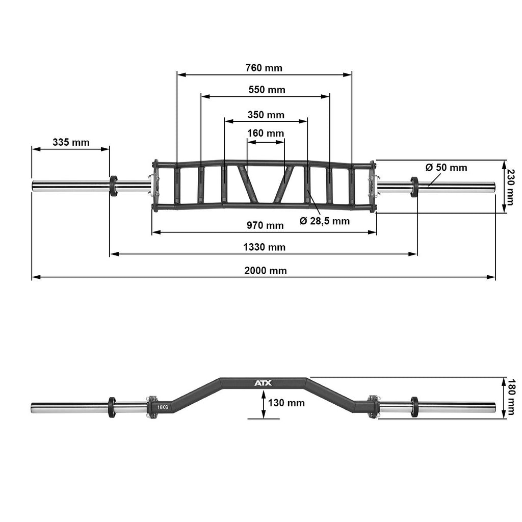 Cambered swiss bar 50 mm, 200 cm, 4 grepsbredder, 16 kg i bruk