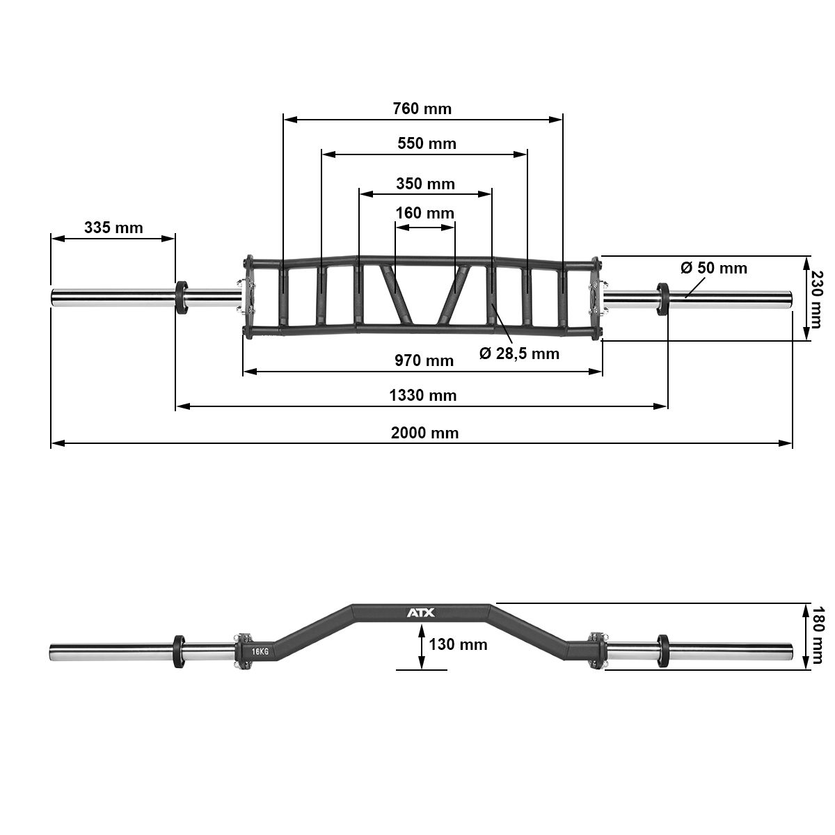 Cambered swiss bar 50 mm, 200 cm, 4 grepsbredder, 16 kg i bruk