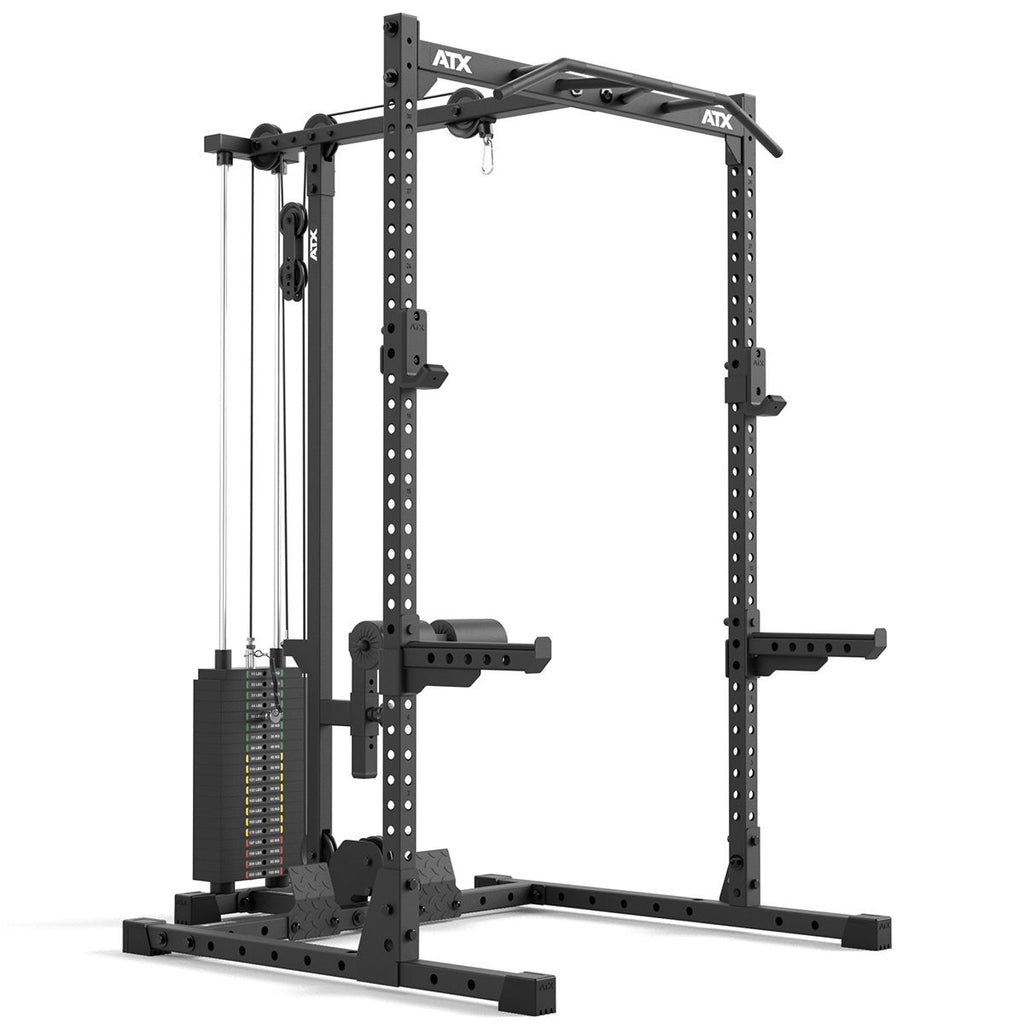 Detalj av lat pulldown på Half Rack 510 med lat pulldown 100 kg vektstabel 195 cm