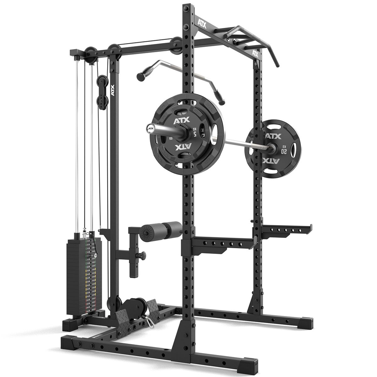 Detalj av pull-up bar på Half Rack 510 med lat pulldown 100 kg vektstabel 195 cm