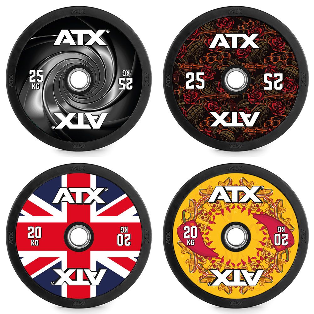 DYO Full Design Bumper Plates 5 kg gummi 50 mm sett fra skrå vinkel