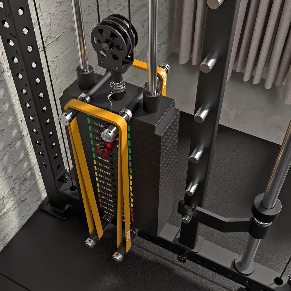 Garanti- og sertifiseringsmerker på Rack med kabelstasjon og Smith Machine