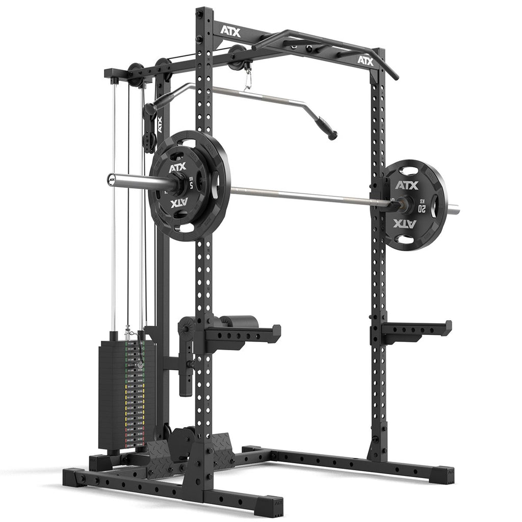 Half Rack 510 med lat pulldown 100 kg vektstabel 195 cm montert i treningsrom