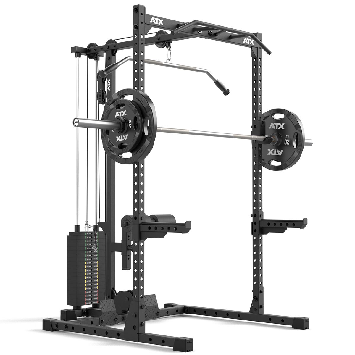 Half Rack 510 med lat pulldown 100 kg vektstabel 195 cm montert i treningsrom