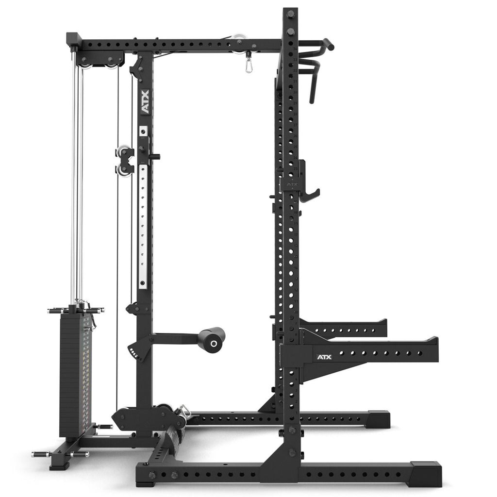 Sideprofil av Half Rack 780 med lat pulldown vektstabel 272 kg 70x70 mm ramme