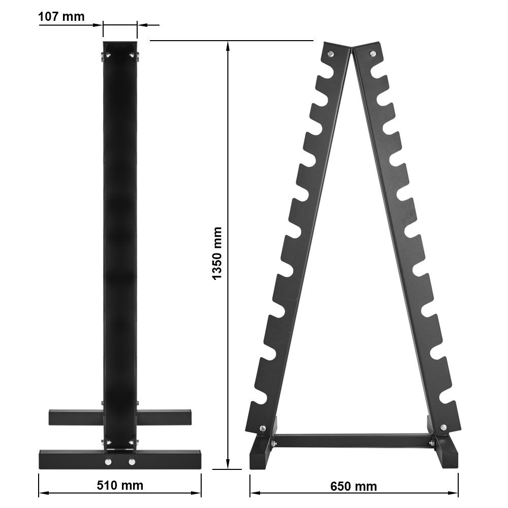 Håndvektstativ for 10 par, svart, 135 cm sideprofil