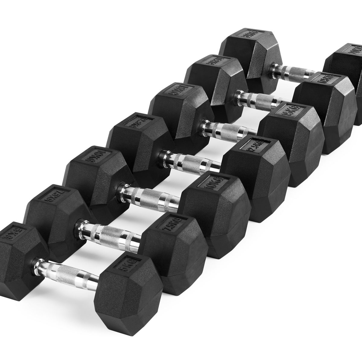 Hex håndvektsett gummi 5-20 kg 175 kg totalt bakside