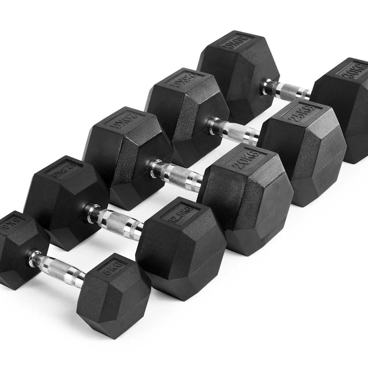 Hex håndvektsett gummi 5-30 kg stålkjerne bakside