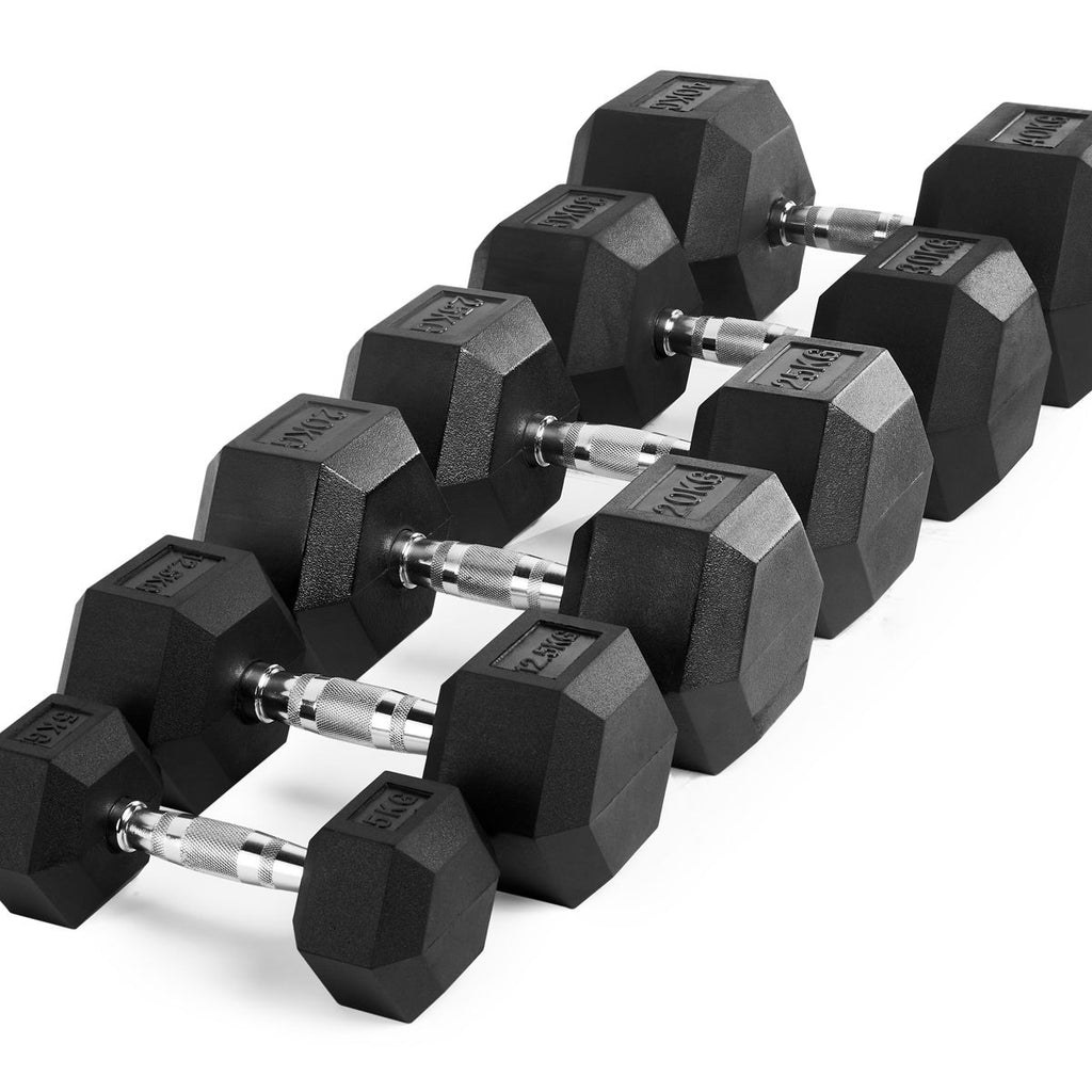 Hex håndvektsett gummi 5-40 kg stålkjerne bakside