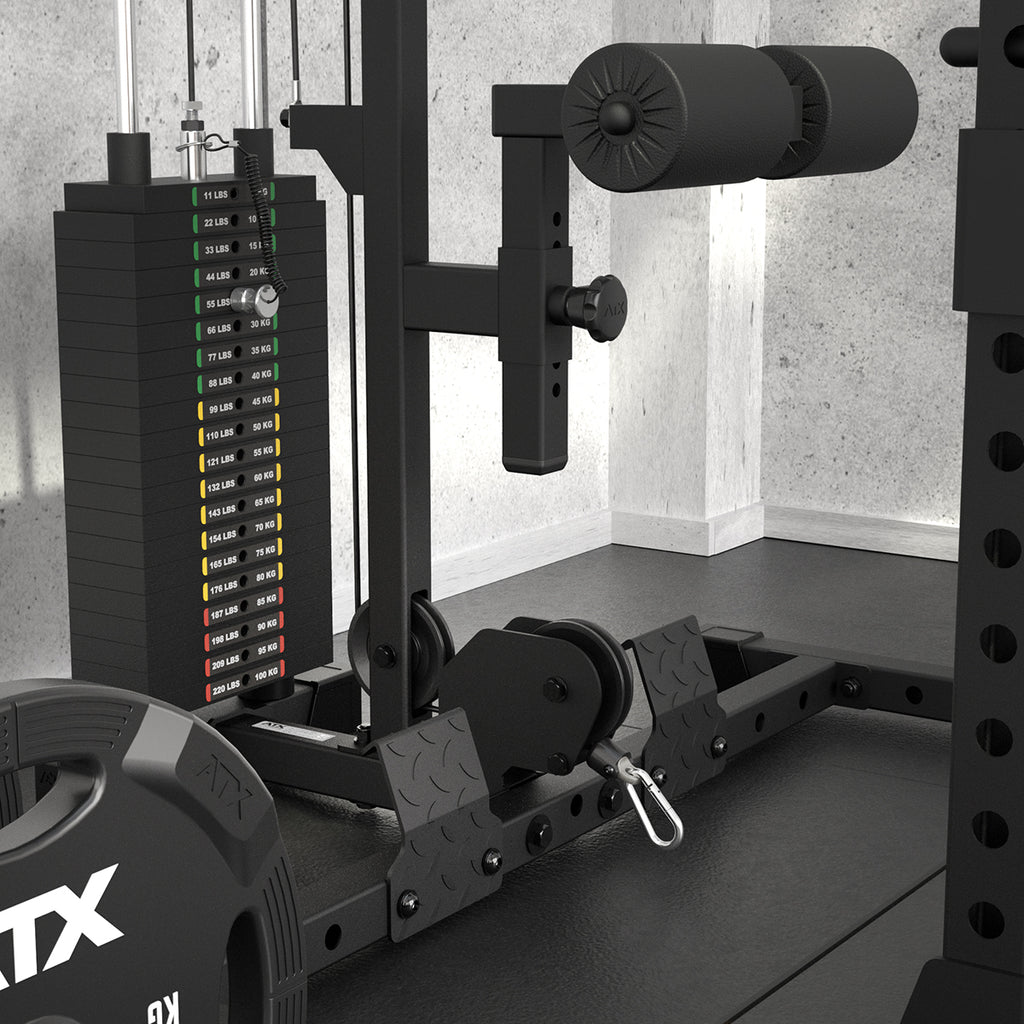 J-Hooks og spotter arms på Half Rack 510 med lat pulldown 100 kg vektstabel 195 cm