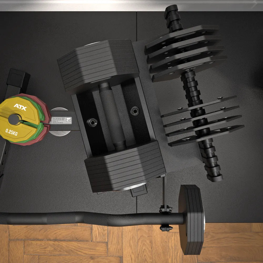 Justerbare håndvekter Octa 2 x 36 kg stål 35 mm grep grep detalj tekstur