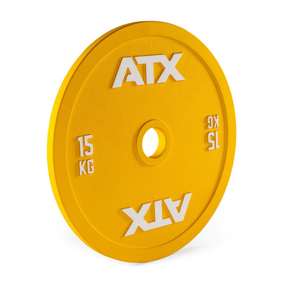 Kalibrert stålskive 50 mm powerlifting 15 kg gul bakside