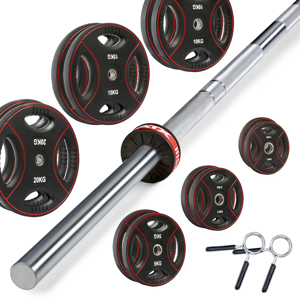 Langstangsett 120 kg polyuretan 30 mm med vektskiver forfra