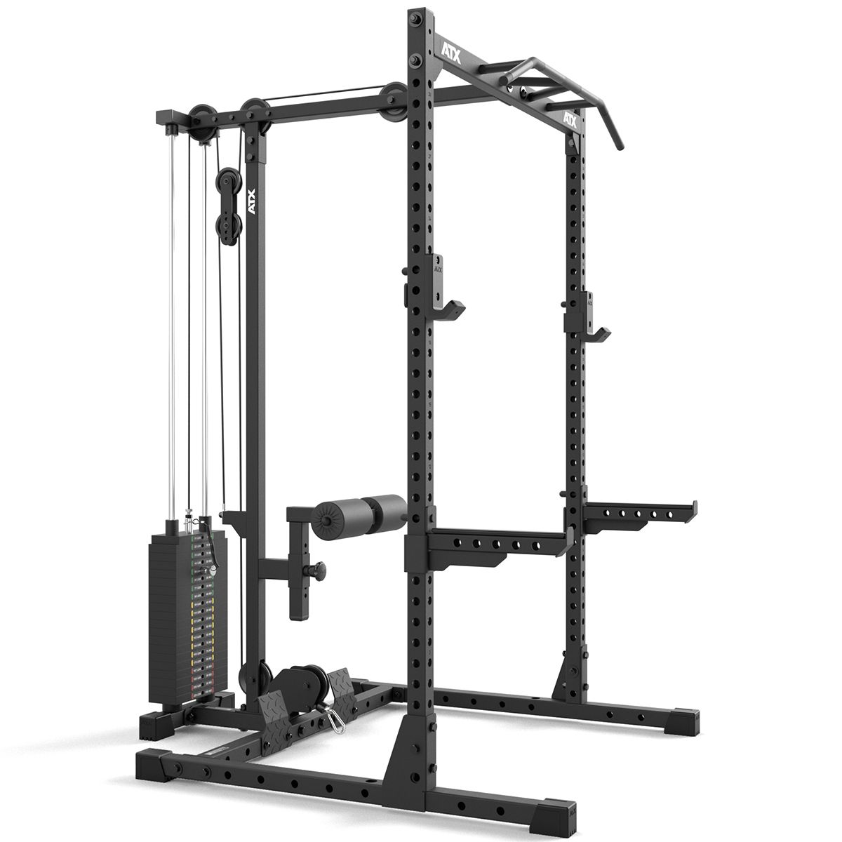 Nærbilde av J-Hooks på Half Rack 510 med lat pulldown 100 kg vektstabel 195 cm