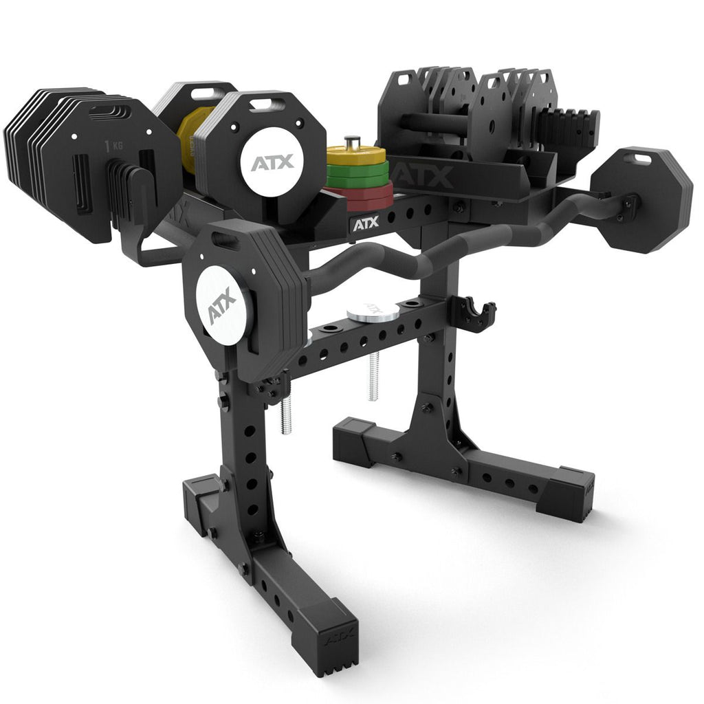 Detalj av grep på Octa-Dumbbell-sett XL 2 x 36 kg med EZ Bar og stativ