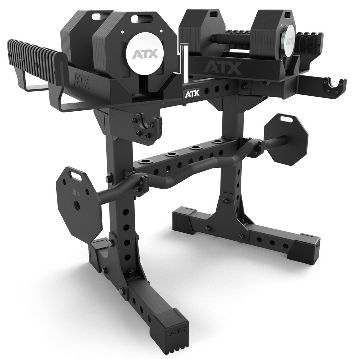 Octa-Dumbbell-sett XL 2 x 36 kg med EZ Bar og stativ sideprofil