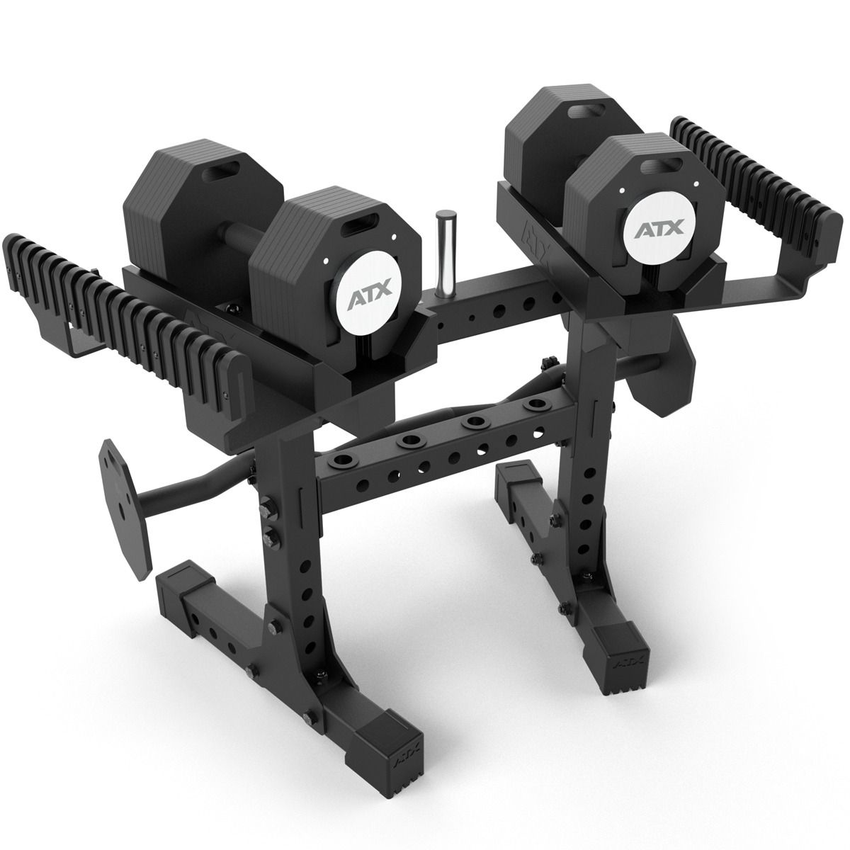 Octa-Dumbbell-sett XL 2 x 36 kg med EZ Bar og stativ sett ovenfra