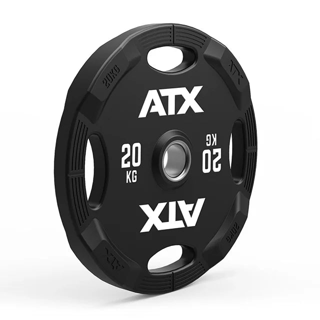 Nærbilde av Polyuretan 4-Grip vektskive 50 mm 15 kg