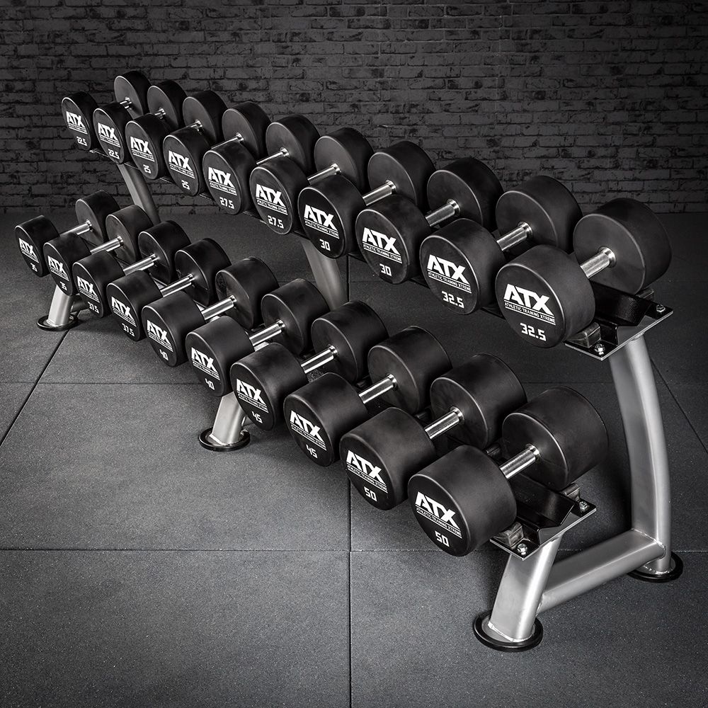 Polyuretan Dumbbell-sett 5–20 kg kompakt 32 mm grep grep og vekt detalj