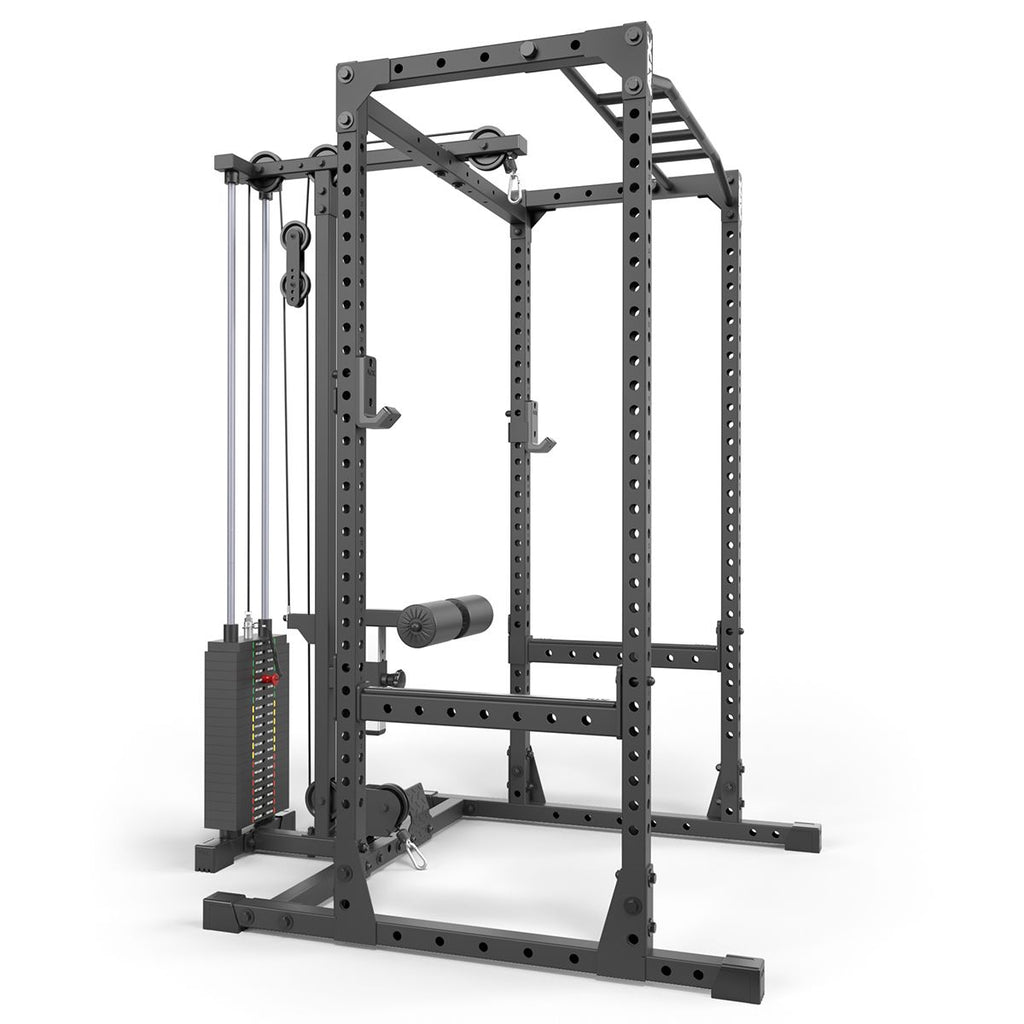 Power Rack 510 komplettstasjon med lat pulldown 100 kg montert med vektstabel