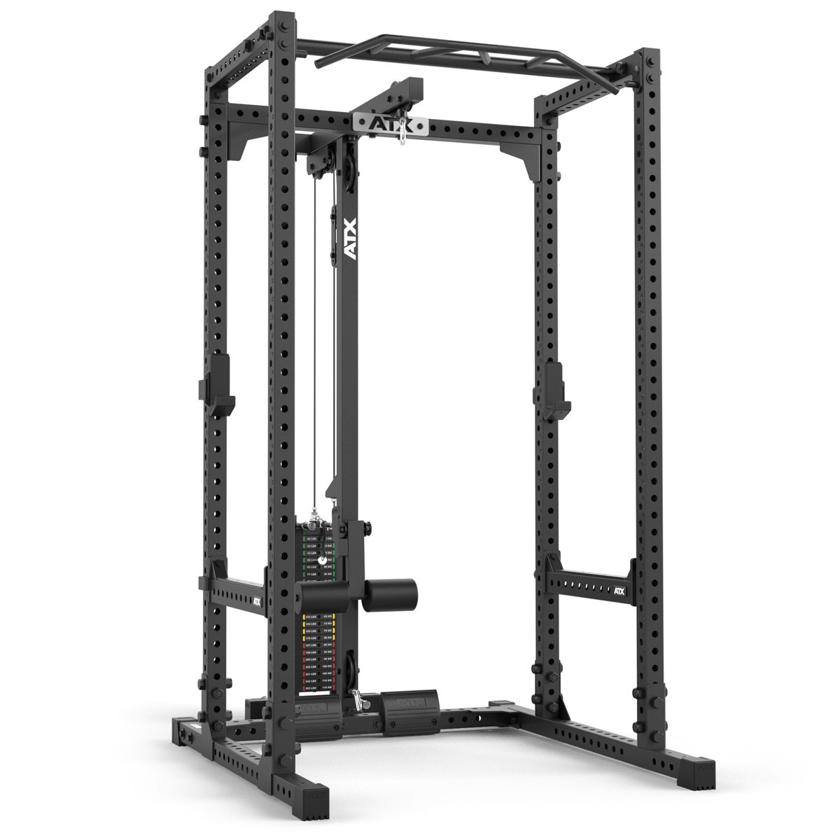 Power Rack 640/660 med lat pulldown 115 kg vektstabel forfra