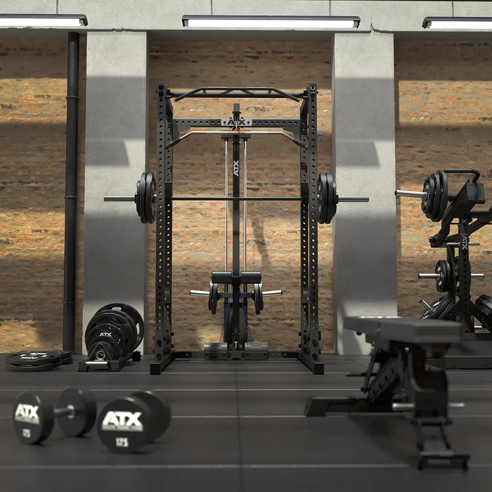 Power Rack 640/660 med lat pulldown Plate Load J-Hooks og spotter