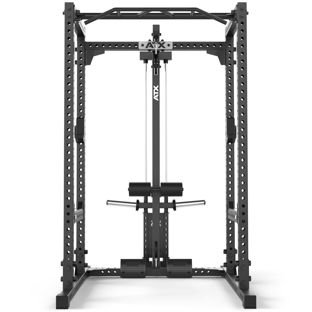 Power Rack 640 med Lat Pulldown vektskiver 195 cm høyde J-Hooks og spotter detalj