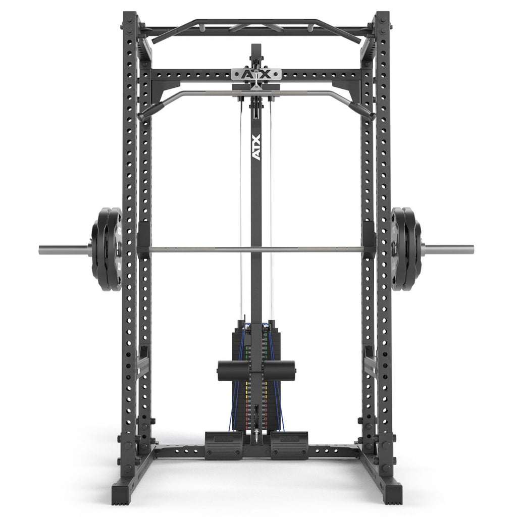 Power Rack 660 med lat pulldown og stikkvekter nærbilde av lat pulldown
