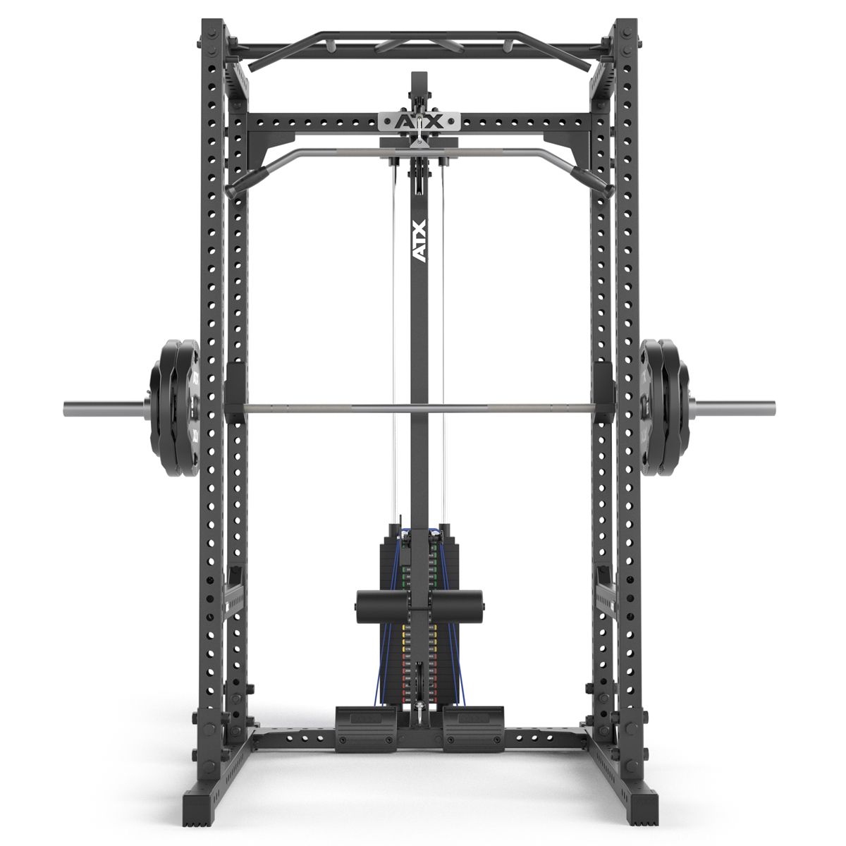 Power Rack 660 med lat pulldown og stikkvekter nærbilde av lat pulldown