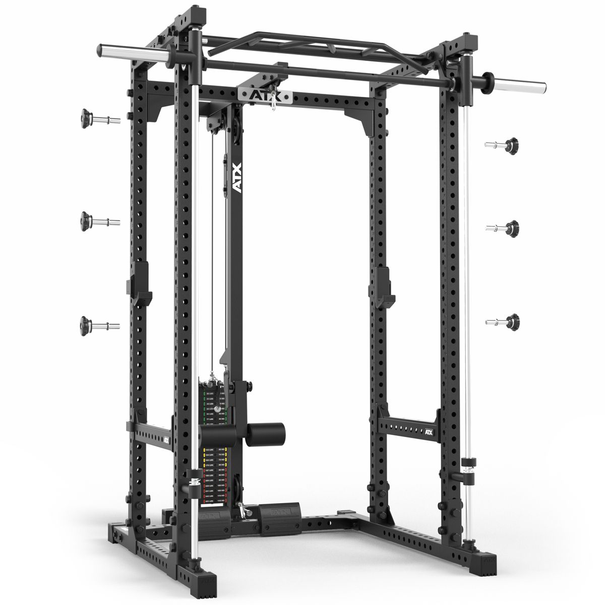 Power Rack 660 komplettsett med stabelvekter 215 cm høyde visning av sikkerhetsstopp