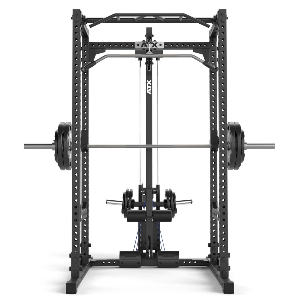 Power Rack 660 med Lat Pulldown vektskiver 215 cm høyde nærbilde av J-Hooks