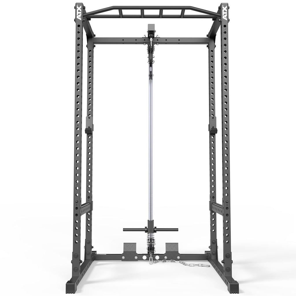 Power Rack PRX-520 med lat pulldown plate load 218 cm montert med vektstenger