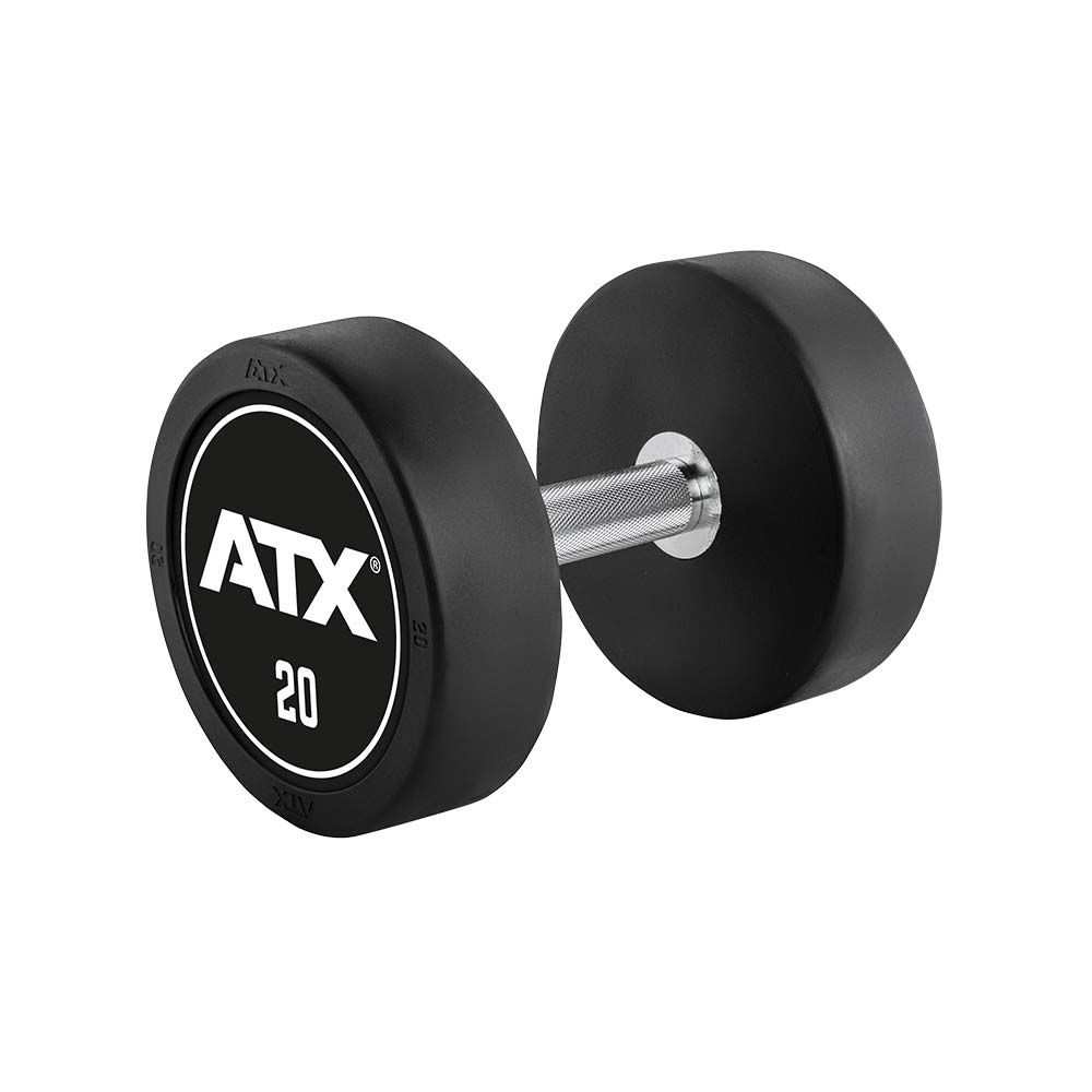 PRO-Style Rubber Dumbbell sett 5-20 kg, gummibelagt stål detalj av grep