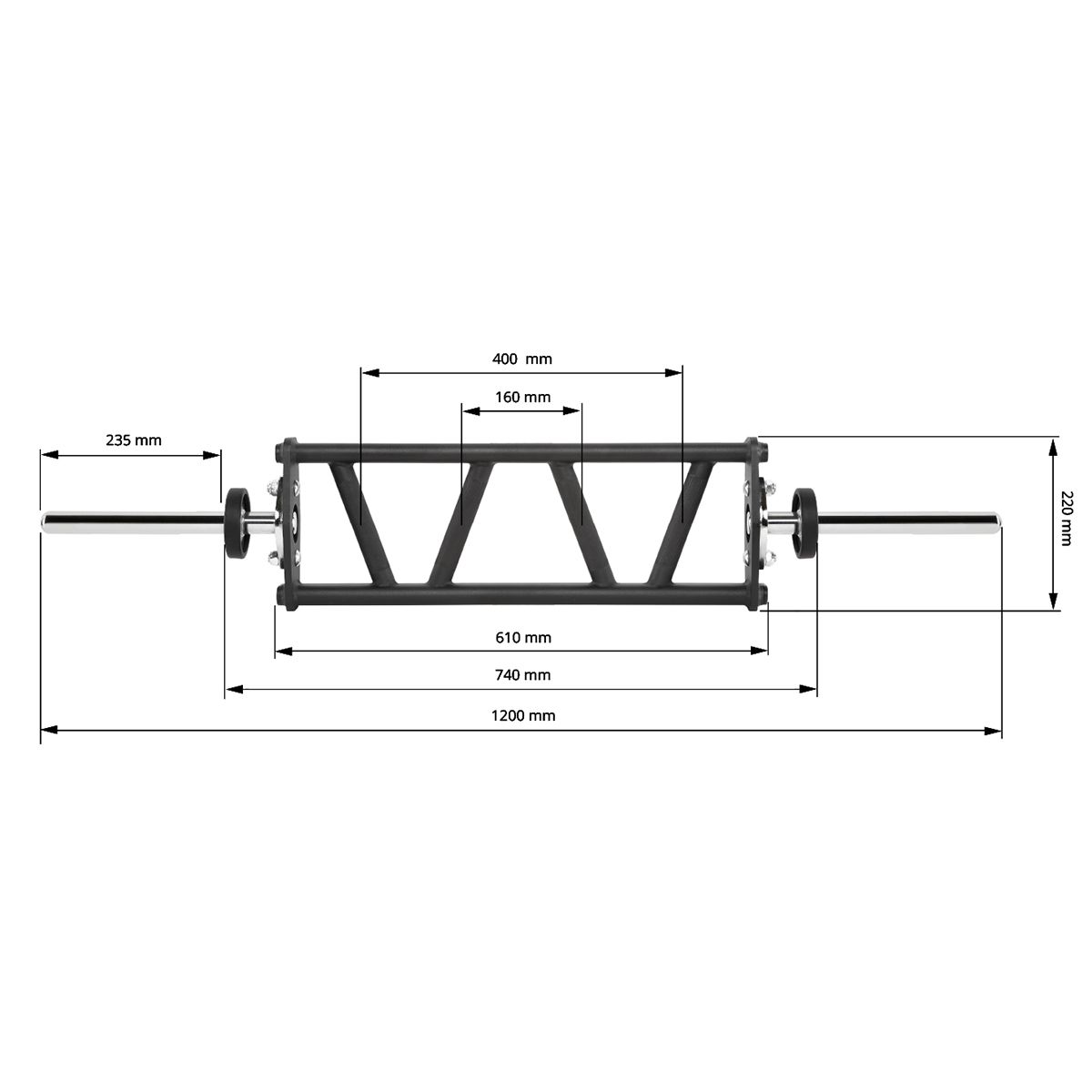 Short Multi Grip Bar 30 mm 1200 mm 12 kg maks 250 kg visning av skiveplass