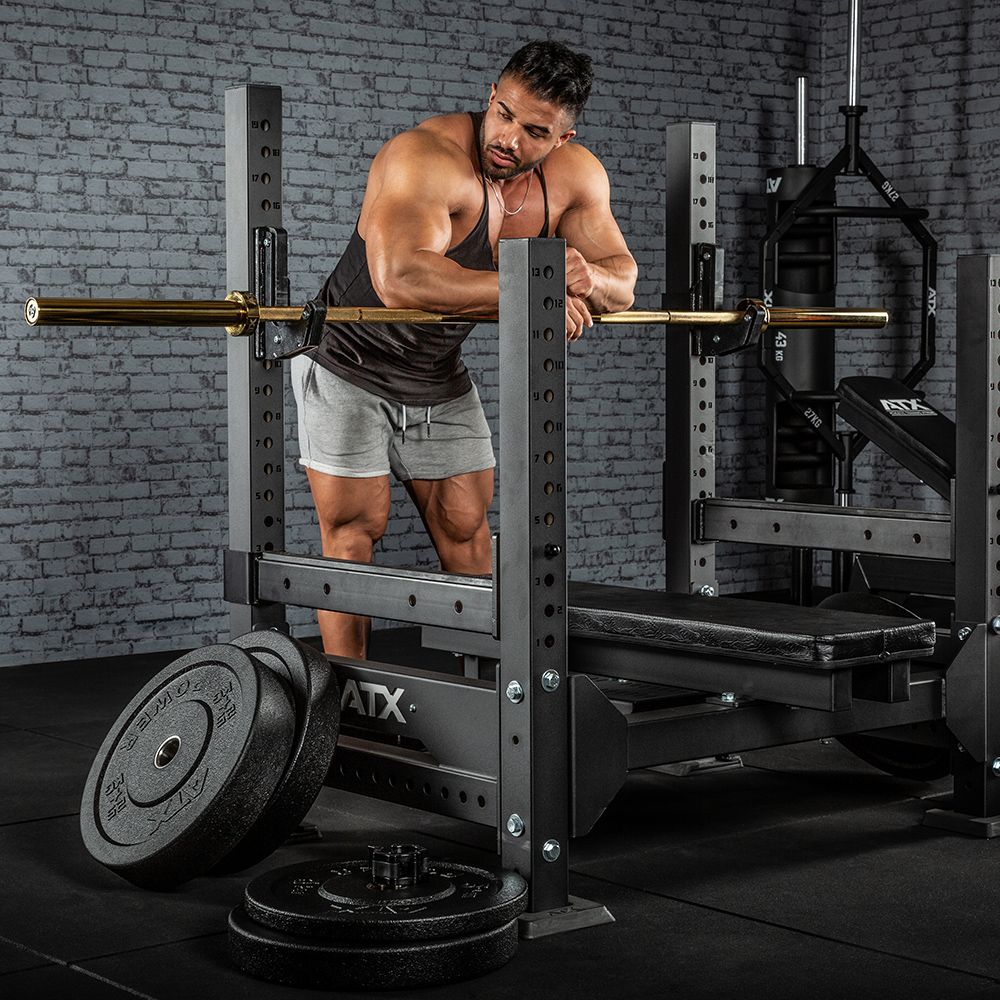 Montert The Golden Powerlifting Bar 20 kg titanium 700 kg på stativ