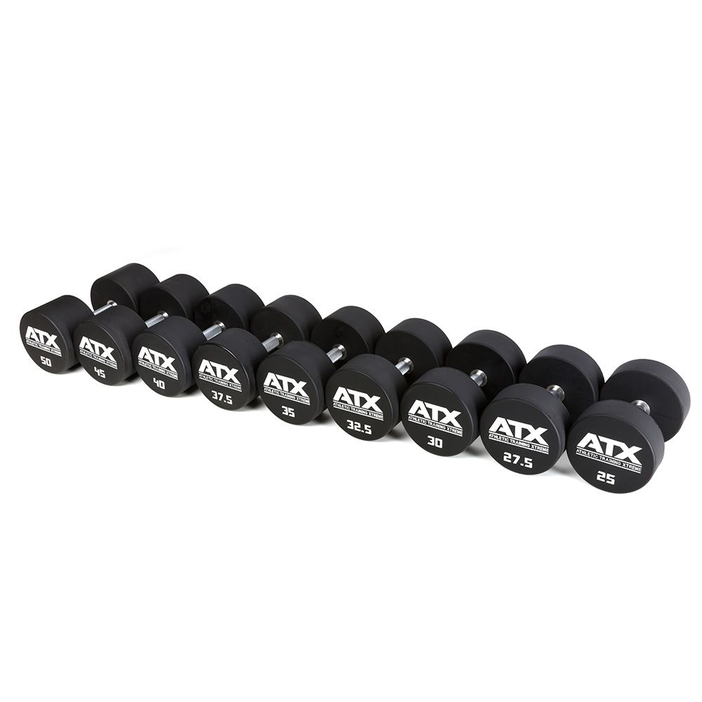 Uretan dumbbell 45 kg helstål med 32 mm grep montert på stativ